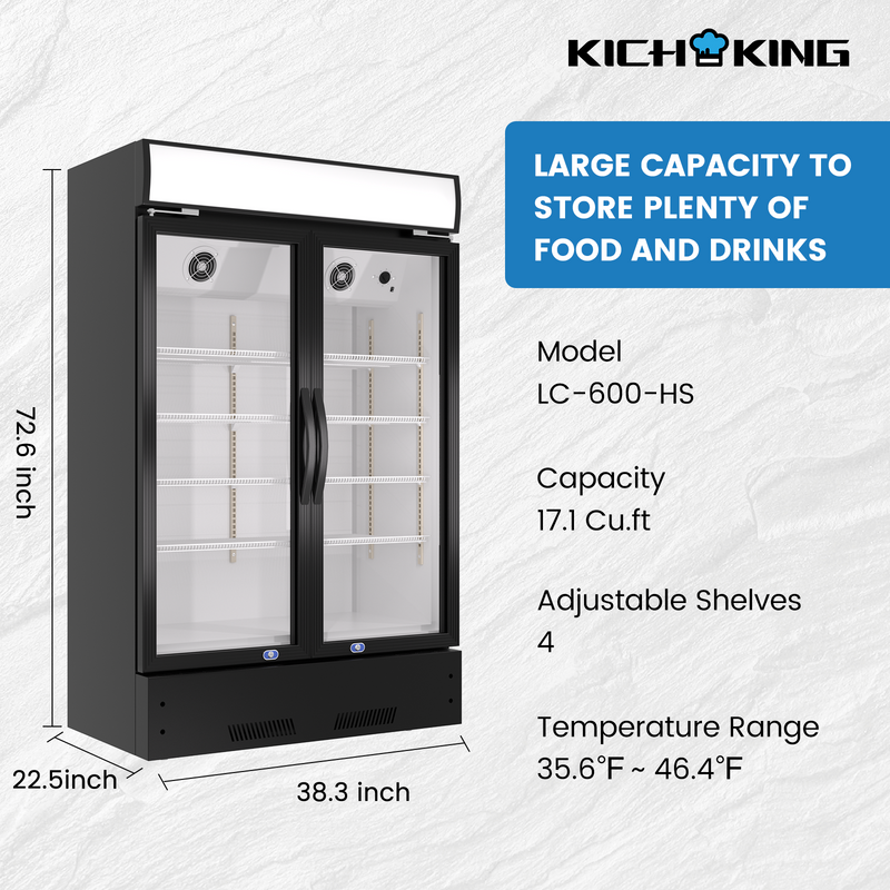 KICHKING 17.1 Cu.ft Merchandiser Refrigerator Black/Silver Swing Glass Door Light Box With LED Lighting-38.3"w