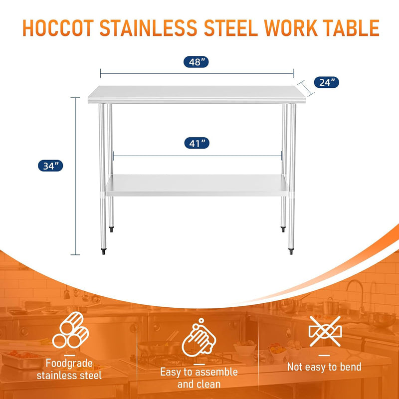 HOCCOT Stainless Steel Table for Prep & Work 24" X 48" inches with Adjustable Shelf