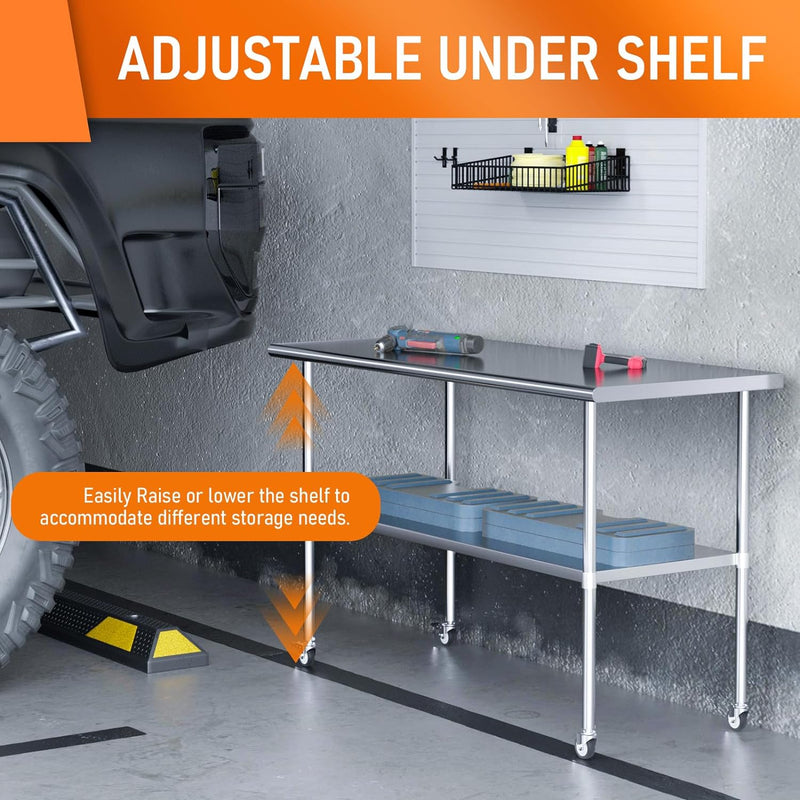 HOCCOT 24" X 60" Stainless Steel Prep & Work Table with Adjustable Shelf, with Wheels