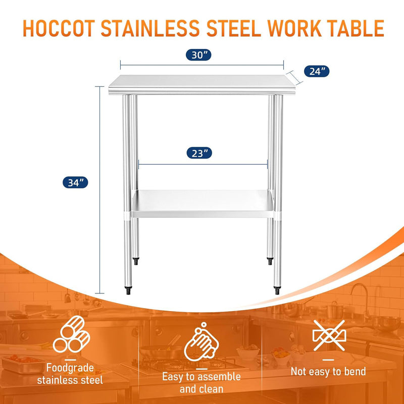 HOCCOT Stainless Steel Table for Prep & Work 24" X 30" inches with Adjustable Shelf