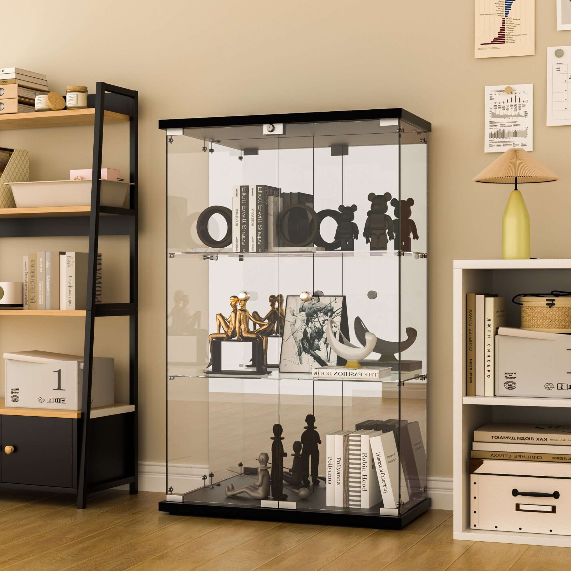 3 Shelf Glass Display Cabinet with Mirrored Back Black