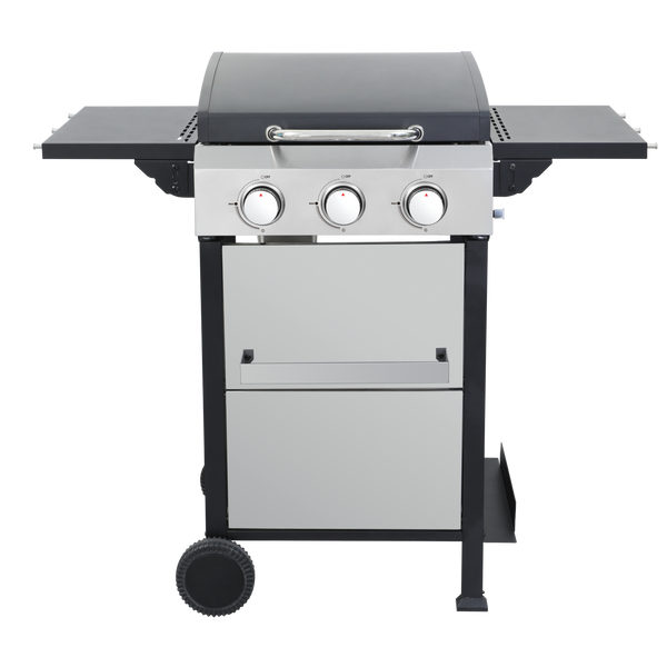 3-Burner Propane Gas BBQ Grill, SS Plancha, 36900BTU Output With Wire Enamel Cooking Grids For Outdoor Barbecue, Foldable Side Table, Hanging Basket, Stainless Steel