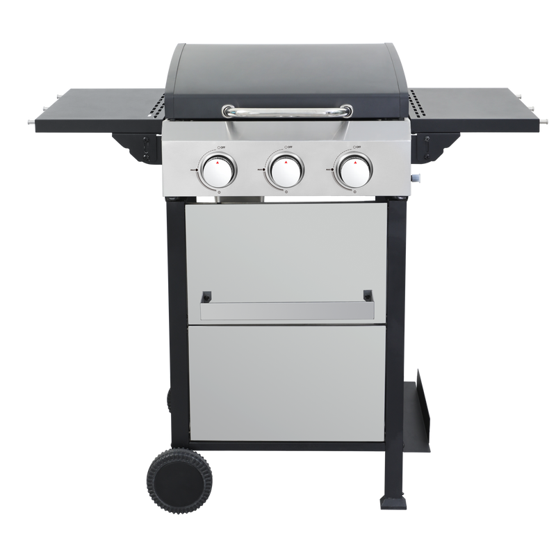 3-Burner Propane Gas BBQ Grill, SS Plancha, 36900BTU Output With Wire Enamel Cooking Grids For Outdoor Barbecue, Foldable Side Table, Hanging Basket, Stainless Steel
