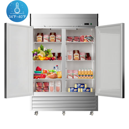 KICHKING 54" Commercial Reach-In Refrigerator - Solid Door Two Section Stainless Steel Refrigerator