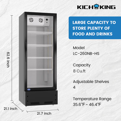 KICHKING 8.0 Cu.ft Merchandiser Refrigerator Black/Silver Swing Glass Door  With LED Lighting-21.7