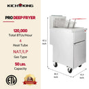 KICHKING 4 Tube Natural Gas/Liquid Propane 50 lbs Stainless Steel Floor Fryer with Casters- 120,000 BTU