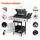 3-Burner Propane Gas BBQ Grill with Side Burner, 37230BTU Output With Enameled Cast Iron Cooking Grids For Outdoor Barbecue, Stainless Steel