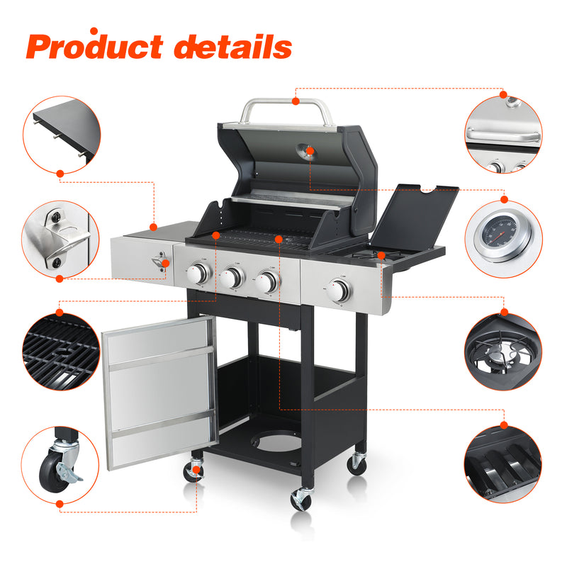 3-Burner Propane Gas BBQ Grill with Side Burner, 37230BTU Output With Enameled Cast Iron Cooking Grids For Outdoor Barbecue, Stainless Steel