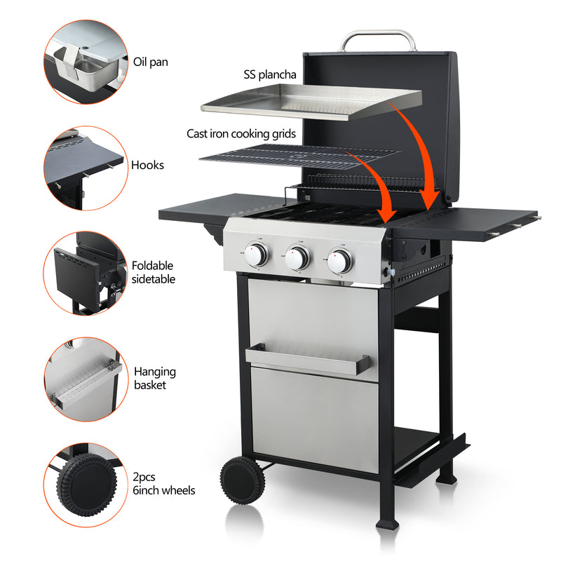 3-Burner Propane Gas BBQ Grill, SS Plancha, 36900BTU Output With Wire Enamel Cooking Grids For Outdoor Barbecue, Foldable Side Table, Hanging Basket, Stainless Steel
