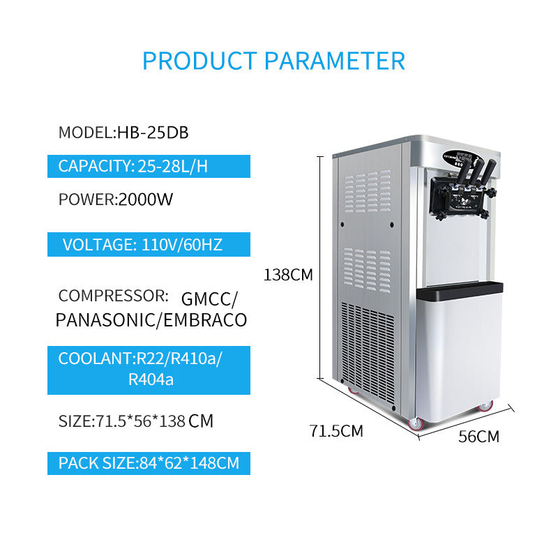 KICHKING Commercial vertical ice cream machine,25-30L/H production capacity, with 2x6L hopper, 2000W power, soft ice cream machine for restaurants and snack shops, three flavors