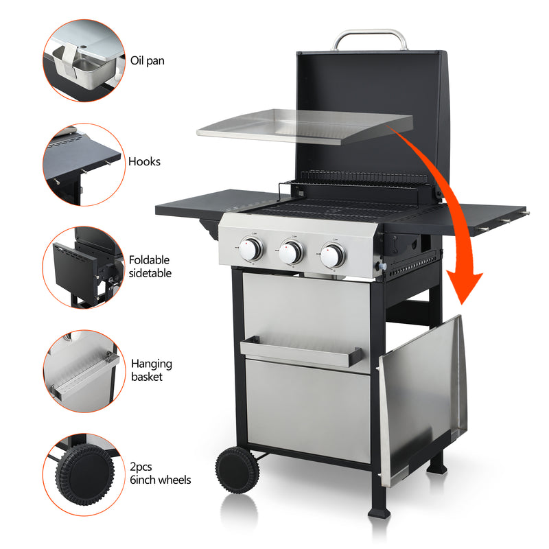 3-Burner Propane Gas BBQ Grill, SS Plancha, 36900BTU Output With Wire Enamel Cooking Grids For Outdoor Barbecue, Foldable Side Table, Hanging Basket, Stainless Steel