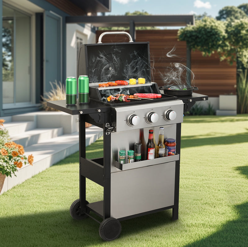 3-Burner Propane Gas BBQ Grill, 25650BTU Output With Wire Enamel Cooking Grids For Outdoor Barbecue, Foldable Side Table, Stainless Steel
