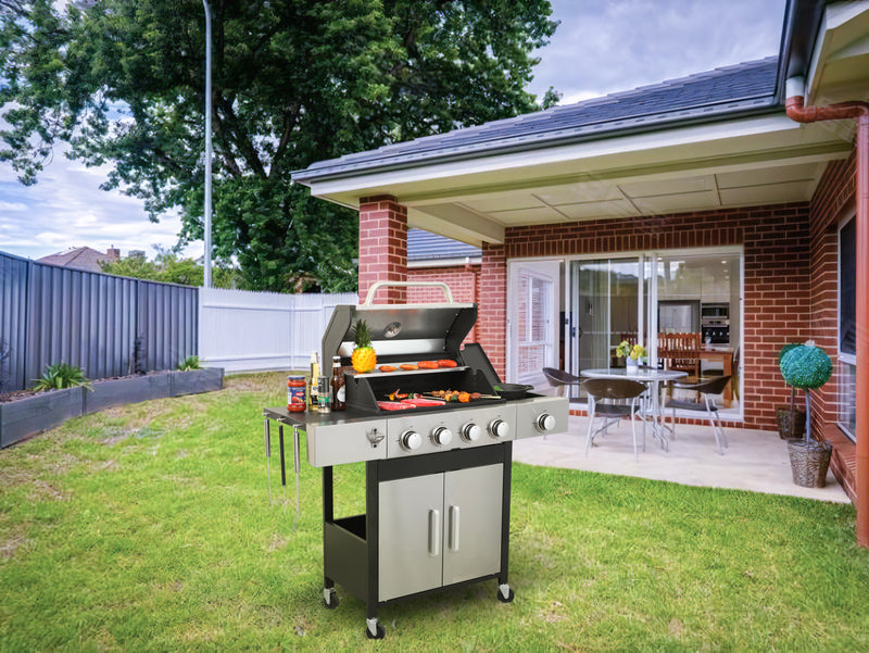 4-Burner Propane Gas BBQ Grill with Side Burner, 46790BTU Output With Enameled Cast Iron Cooking Grids For Outdoor Barbecue, Stainless Steel