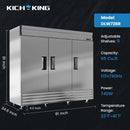 KICHKING 72"W Commercial Reach-in Refrigerator - Three Section Solid Door Stainless Steel Refrigerator