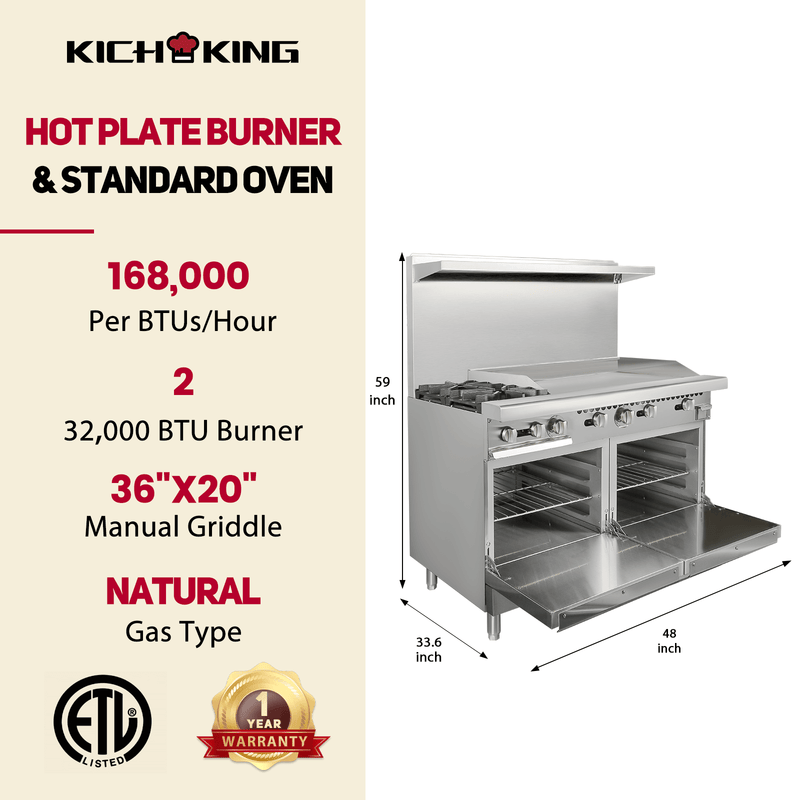 KICHKING Natural Gas Liquid Propane 2 Burner 48 Range with 36 Griddl