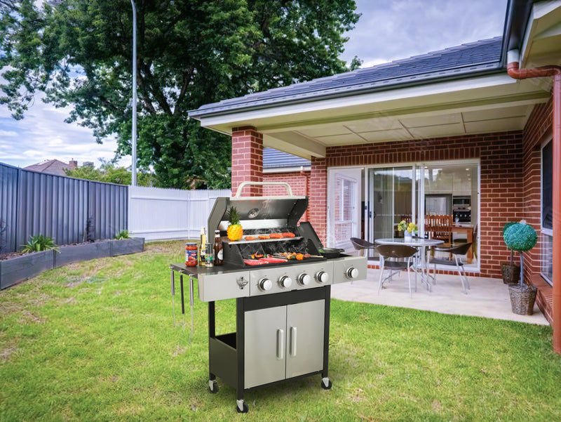 4-Burner Propane Gas BBQ Grill with Side Burner, 46790BTU Output With Enameled Cast Iron Cooking Grids For Outdoor Barbecue, Stainless Steel