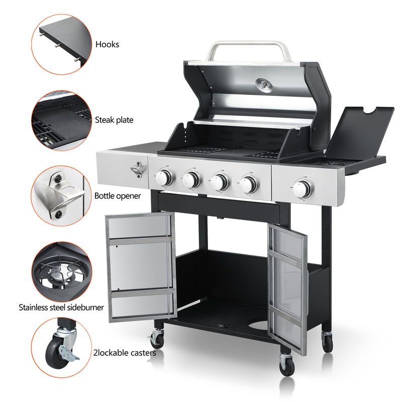 4-Burner Propane Gas BBQ Grill with Side Burner, 46790BTU Output With Enameled Cast Iron Cooking Grids For Outdoor Barbecue, Stainless Steel