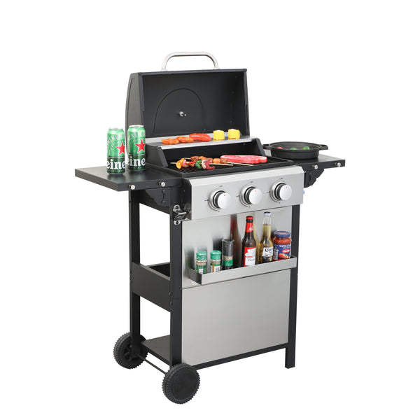3-Burner Propane Gas BBQ Grill, 25650BTU Output With Wire Enamel Cooking Grids For Outdoor Barbecue, Foldable Side Table, Stainless Steel