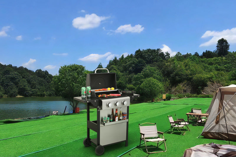 3-Burner Propane Gas BBQ Grill, 25650BTU Output With Wire Enamel Cooking Grids For Outdoor Barbecue, Foldable Side Table, Stainless Steel