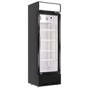 A black glass door commercial merchandiser refrigerator with LED lightbox