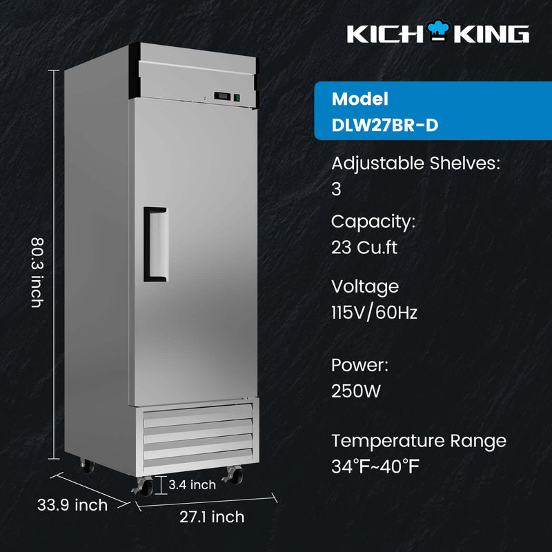 KICHKING 27"W Commercial Reach-In Refrigerator- Solid Door Stainless Steel Refrigerator