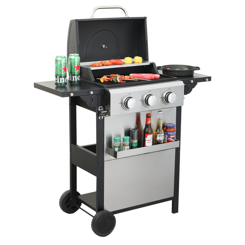3-Burner Propane Gas BBQ Grill, 25650BTU Output With Wire Enamel Cooking Grids For Outdoor Barbecue, Foldable Side Table, Stainless Steel