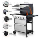 4-Burner Propane Gas BBQ Grill, SS Plancha, 49200BTU Output With Wire Enamel Cooking Grids For Outdoor Barbecue, Foldable Side Table, Hanging Basket, Stainless Steel