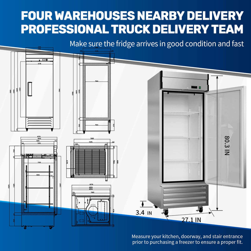 KICHKING 23 Cu.ft Commercial Reach-In Glass Door Stainless Steel Merchandiser Refrigerator