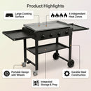 Commercial Griddle on Cart, 36" Heavy Duty Manual Flat Top Griddle, Outdoor Cooking Station with Side Shelves, Steel LPG Gas Griddle, 4-Burners Restaurant Portable Grill - 60,000 BTU