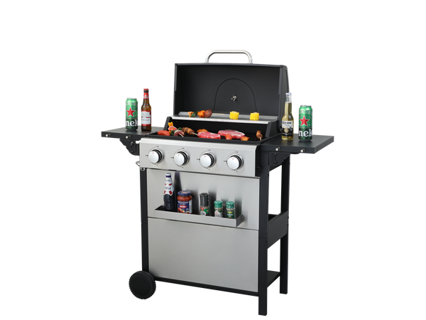 4-Burner Propane Gas BBQ Grill, 34200BTU Output With Wire Enamel Cooking Grids For Outdoor Barbecue, Foldable Side Table, Hanging Basket, Stainless Steel