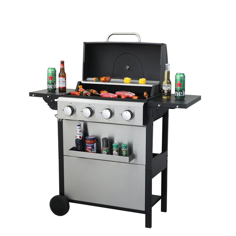 4-Burner Propane Gas BBQ Grill, 34200BTU Output With Wire Enamel Cooking Grids For Outdoor Barbecue, Foldable Side Table, Hanging Basket, Stainless Steel