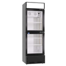 A black glass door commercial merchandiser refrigerator with LED lightbox