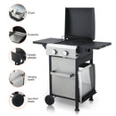 2-Burner Propane Gas BBQ Grill, SS Plancha, 24600BTU Output With Wire Enamel Cooking Grids For Outdoor Barbecue, Foldable Side Table, Hanging Basket, Stainless Steel