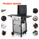 2-Burner Propane Gas BBQ Grill, SS Plancha, 24600BTU Output With Wire Enamel Cooking Grids For Outdoor Barbecue, Foldable Side Table, Hanging Basket, Stainless Steel