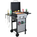 2-Burner Propane Gas BBQ Grill, SS Plancha, 24600BTU Output With Wire Enamel Cooking Grids For Outdoor Barbecue, Foldable Side Table, Hanging Basket, Stainless Steel