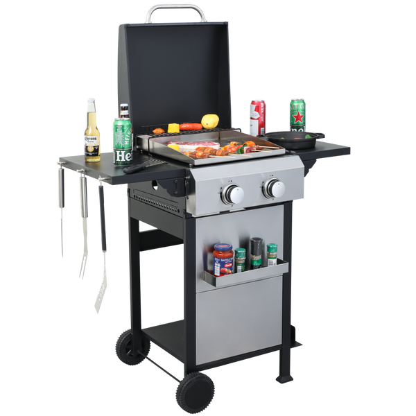 2-Burner Propane Gas BBQ Grill, SS Plancha, 24600BTU Output With Wire Enamel Cooking Grids For Outdoor Barbecue, Foldable Side Table, Hanging Basket, Stainless Steel