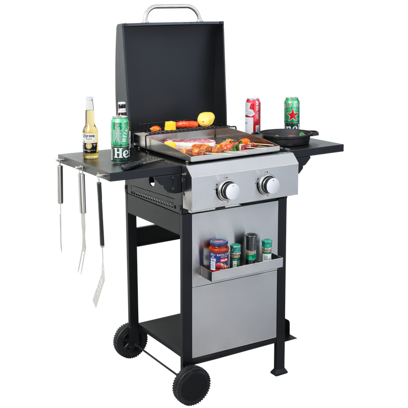 2-Burner Propane Gas BBQ Grill, SS Plancha, 24600BTU Output With Wire Enamel Cooking Grids For Outdoor Barbecue, Foldable Side Table, Hanging Basket, Stainless Steel