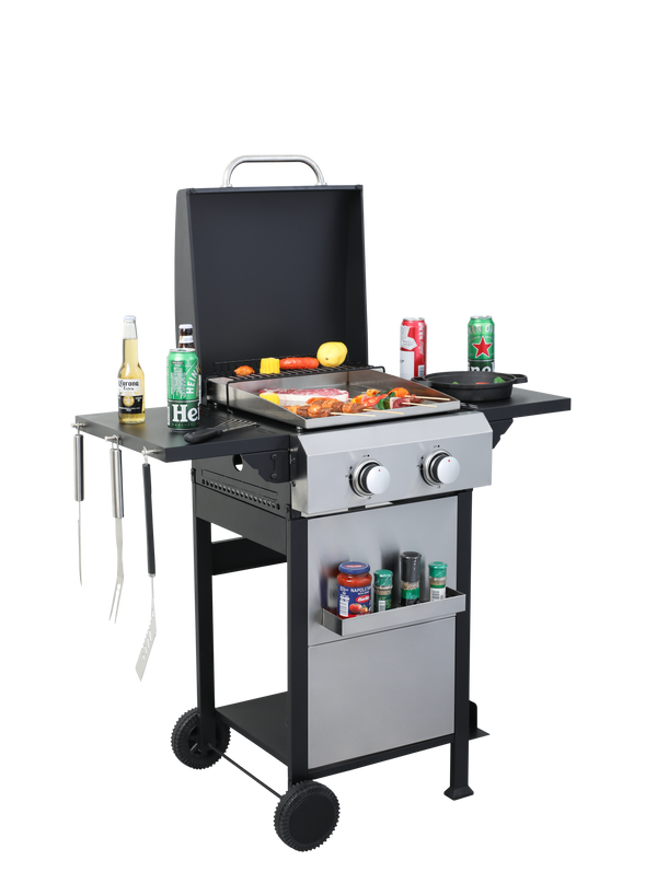 2-Burner Propane Gas BBQ Grill, SS Plancha, 24600BTU Output With Wire Enamel Cooking Grids For Outdoor Barbecue, Foldable Side Table, Hanging Basket, Stainless Steel