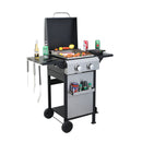 2-Burner Propane Gas BBQ Grill, SS Plancha, 24600BTU Output With Wire Enamel Cooking Grids For Outdoor Barbecue, Foldable Side Table, Hanging Basket, Stainless Steel