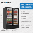A two-section glass door commercial merchandiser refrigerator with 17.1 cubic feet and 38.3" width × 22.5" deep × 65.4" high