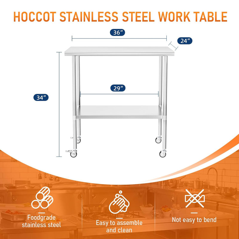 HOCCOT 24" X 36" Stainless Steel Prep & Work Table with Adjustable Shelf, with Wheels