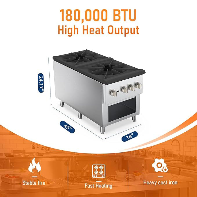 HOCCOT 18"X45" 2 Burners Stock Pot Hot Plate Gas Stove Countertop Range, 180,000 BTU