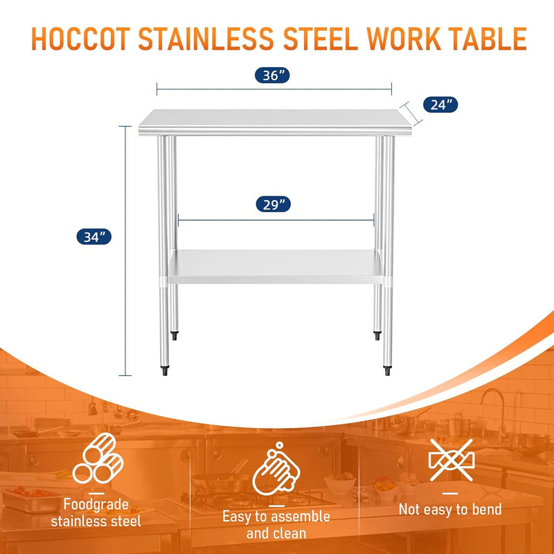 HOCCOT Stainless Steel Table for Prep & Work 24" X 36" inches with Adjustable Shelf