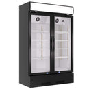 A black two-section glass door commercial merchandiser refrigerator with LED lightbox
