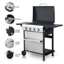 4-Burner Propane Gas BBQ Grill, SS Plancha, 49200BTU Output With Wire Enamel Cooking Grids For Outdoor Barbecue, Foldable Side Table, Hanging Basket, Stainless Steel