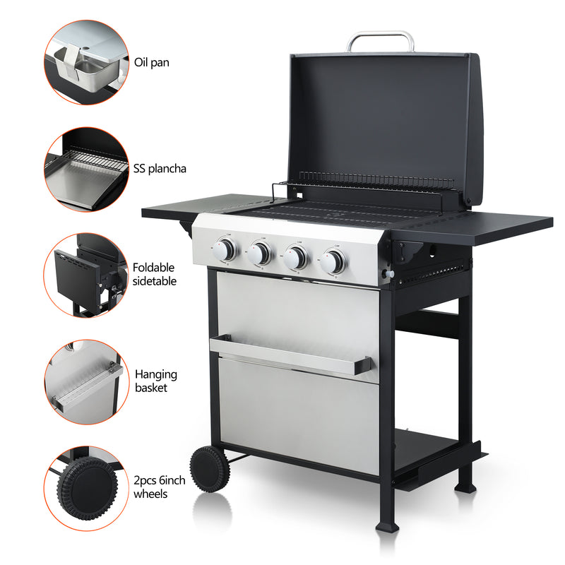 4-Burner Propane Gas BBQ Grill, SS Plancha, 49200BTU Output With Wire Enamel Cooking Grids For Outdoor Barbecue, Foldable Side Table, Hanging Basket, Stainless Steel