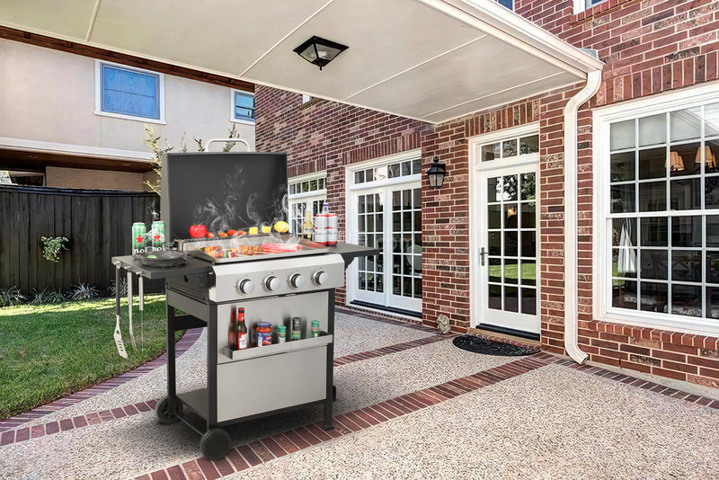4-Burner Propane Gas BBQ Grill, SS Plancha, 49200BTU Output With Wire Enamel Cooking Grids For Outdoor Barbecue, Foldable Side Table, Hanging Basket, Stainless Steel