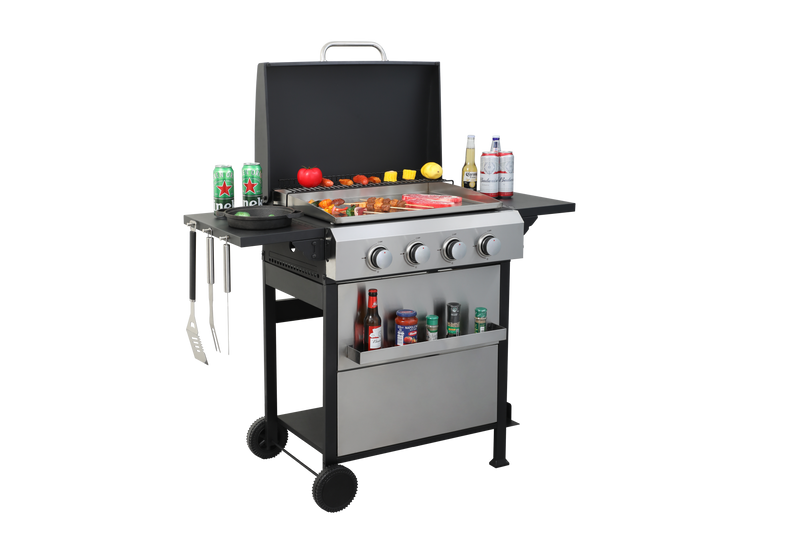 4-Burner Propane Gas BBQ Grill, SS Plancha, 49200BTU Output With Wire Enamel Cooking Grids For Outdoor Barbecue, Foldable Side Table, Hanging Basket, Stainless Steel