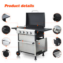 4-Burner Propane Gas BBQ Grill, SS Plancha, 49200BTU Output With Wire Enamel Cooking Grids For Outdoor Barbecue, Foldable Side Table, Hanging Basket, Stainless Steel