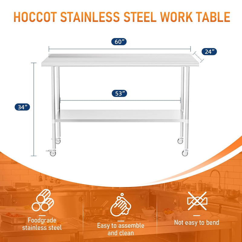 HOCCOT 24" X 60" Stainless Steel Prep & Work Table with Adjustable Shelf, with Backsplash and Wheels